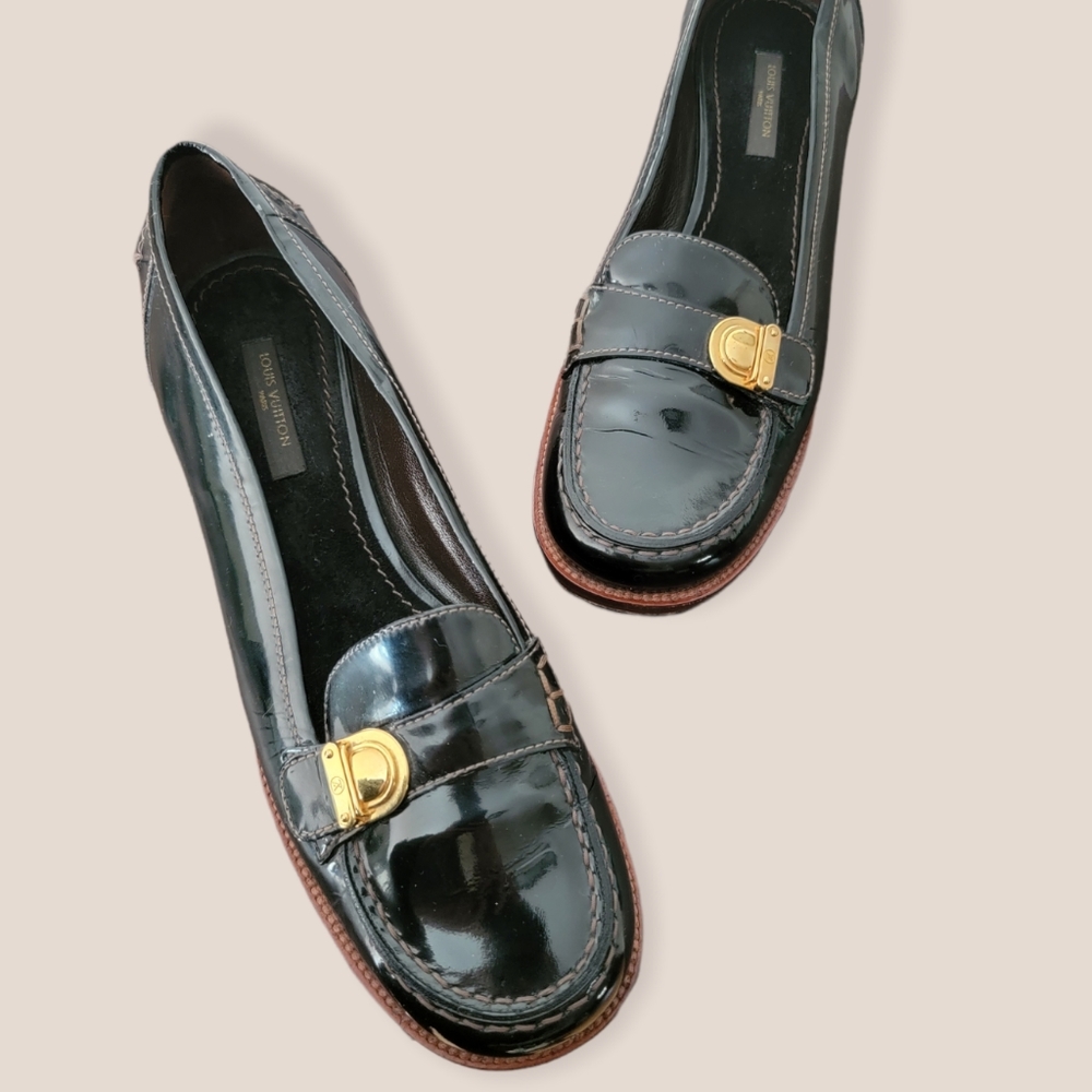 Louis Vuitton Black Patent Loafers with Gold Buckle